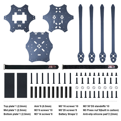 RJX Mark4 15-inch 6-arm carbon fiber FPV drone frame kit with plates, six arms, screws, standoffs and straps