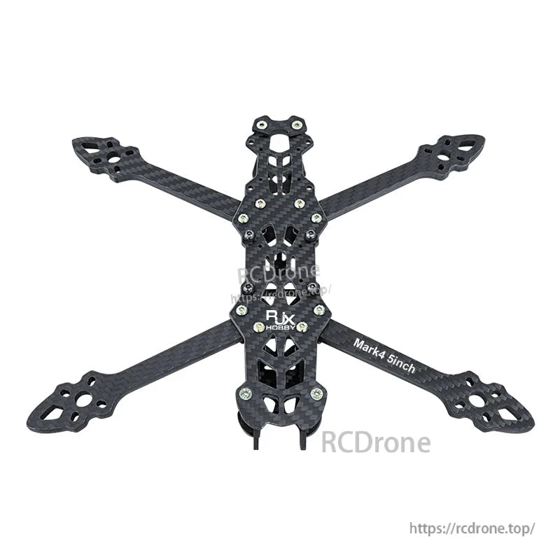RJX Mark4 5-inch carbon fiber FPV racing drone frame kit with X arms, motor mounts, and center plates