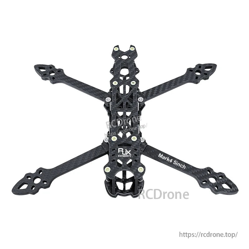 RJX Mark4 5-inch carbon fiber FPV racing drone frame with X arms, motor mount plates, and center stack cutouts