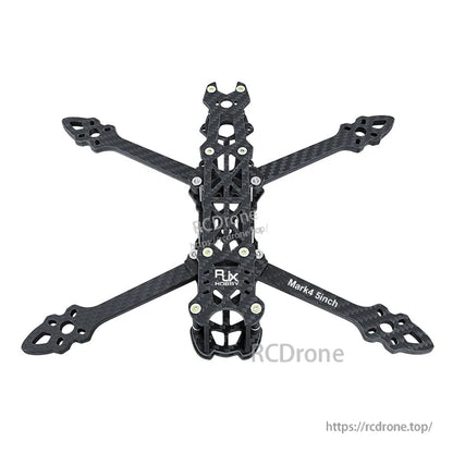 RJX Mark4 5-inch carbon fiber FPV racing drone frame with X arms, motor mount plates, and center stack cutouts