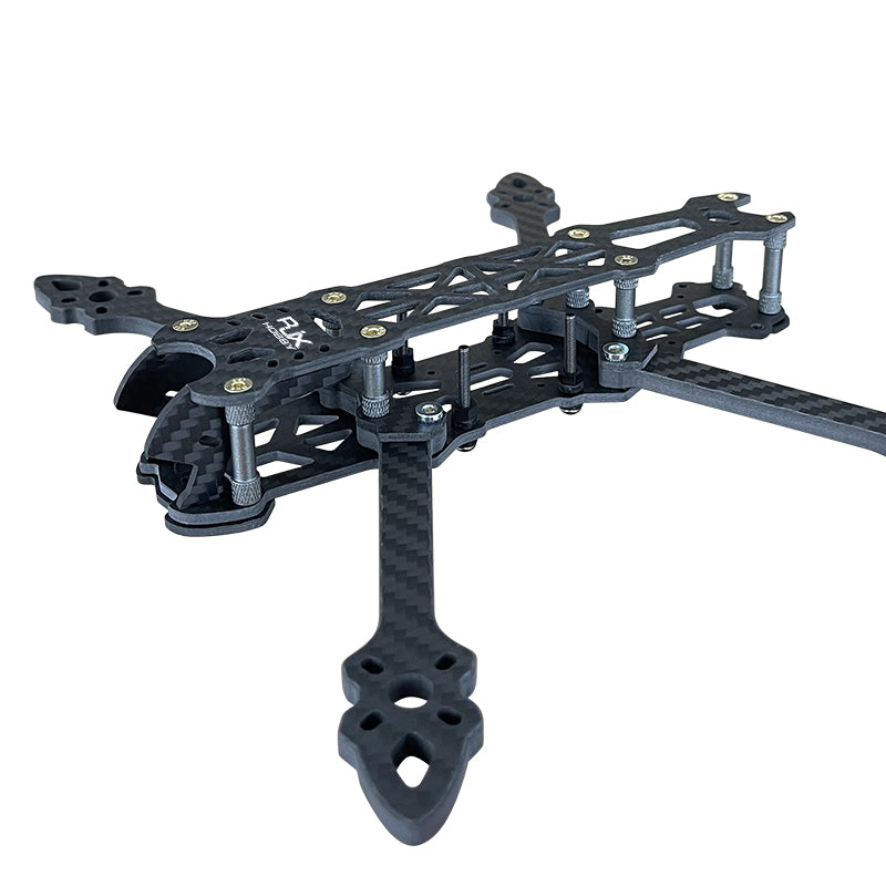 RJX Mark4 V2 5-inch carbon fiber FPV racing drone frame with four arms, top plate, and standoffs