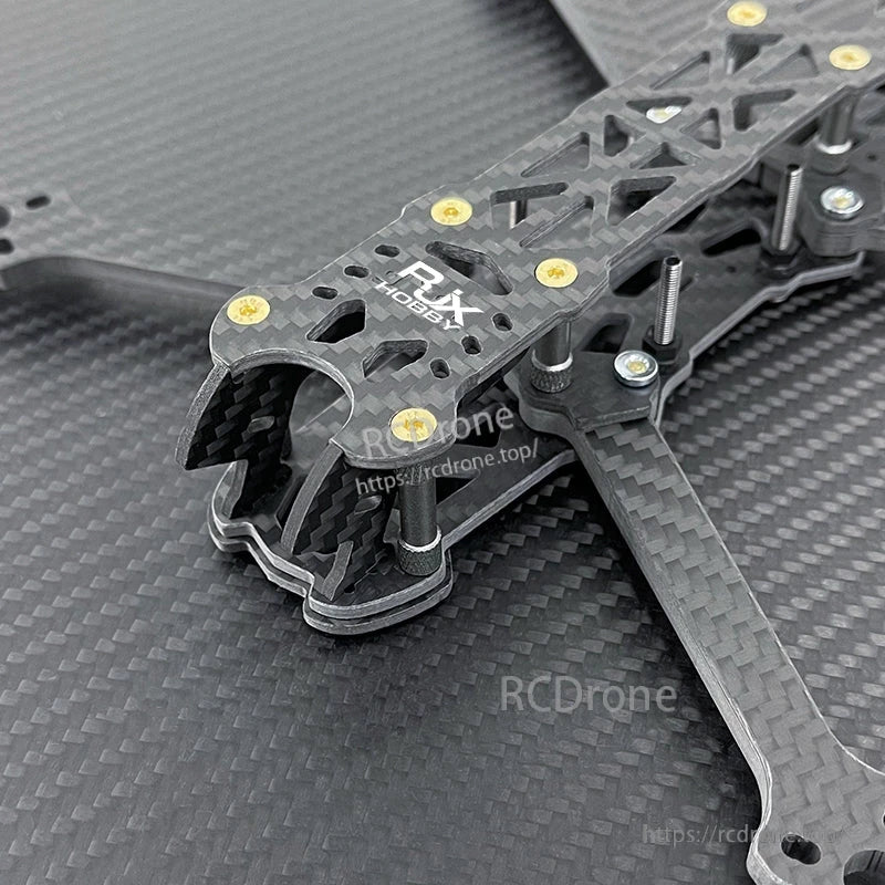 RJX Mark4 V2 5-inch carbon fiber FPV drone frame close-up with twill matte plate, standoffs and arm