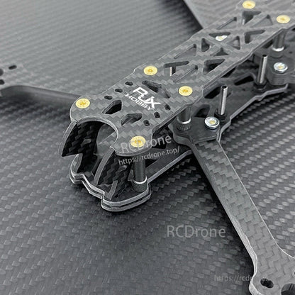 RJX Mark4 V2 5-inch carbon fiber FPV drone frame close-up with twill matte plate, standoffs and arm