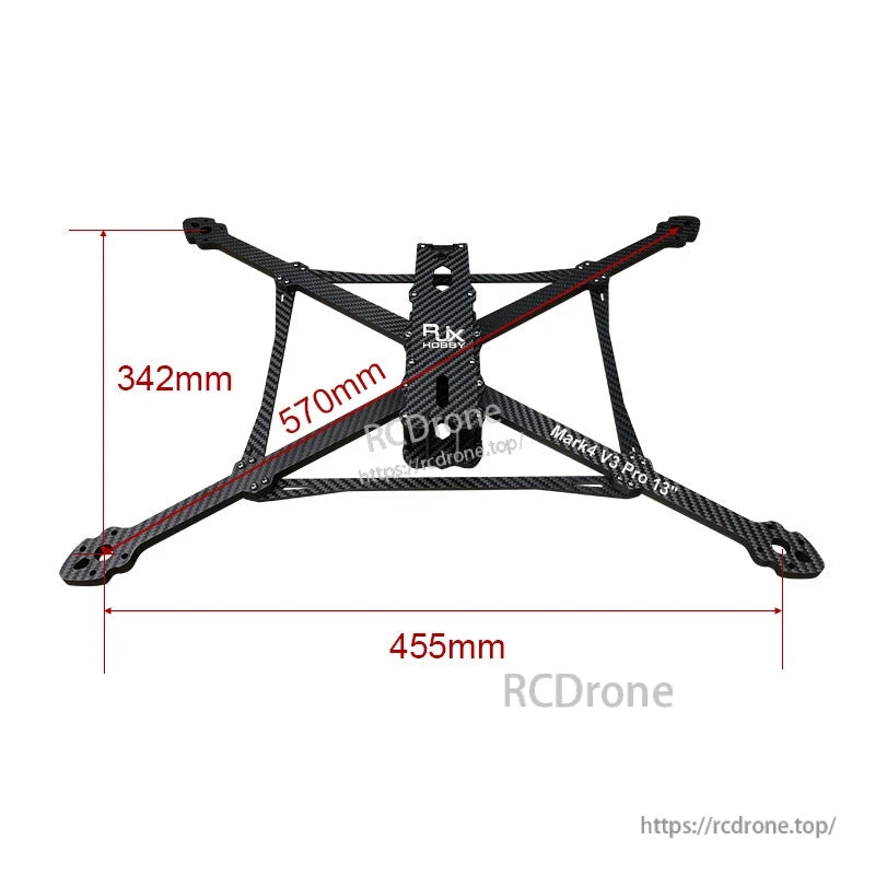 RJX Mark4 V3 Pro 13-inch carbon fiber FPV drone frame kit with 570mm diagonal, 455mm width, 342mm height