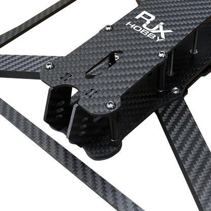 RJX Mark4 V3 Pro carbon fiber FPV drone frame kit close-up with top plate, standoffs, and arms