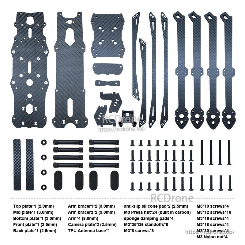 RJX Mark4 V3 Pro 13-inch carbon fiber FPV drone frame kit parts laid out with arms, plates, and M3 hardware
