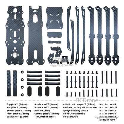 RJX Mark4 V3 Pro 13-inch carbon fiber FPV drone frame kit parts laid out with arms, plates, and M3 hardware