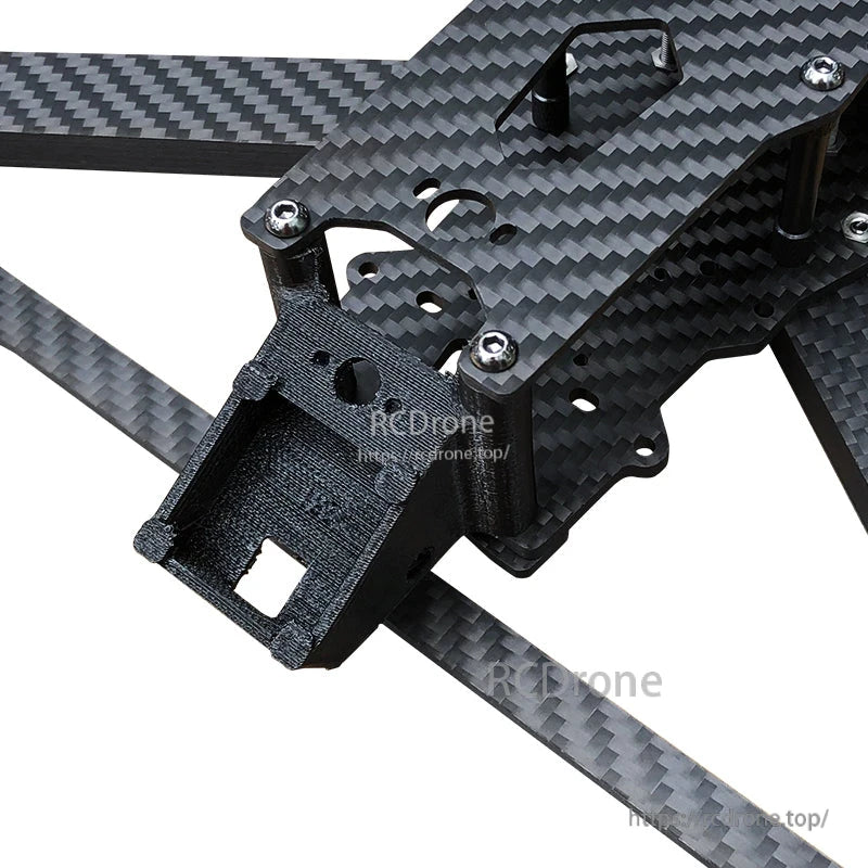 Carbon fiber quadcopter drone frame kit with 4 arms, top plate standoffs, and front camera mount