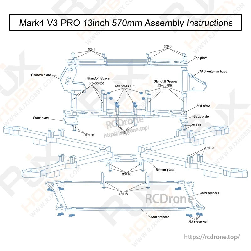 Exploded assembly diagram for RJX Mark4 V3 Pro 13-inch 570mm FPV drone frame, plates, arms, M3 screws and standoffs