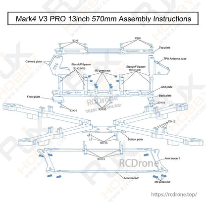 Exploded assembly diagram for RJX Mark4 V3 Pro 13-inch 570mm FPV drone frame, plates, arms, M3 screws and standoffs