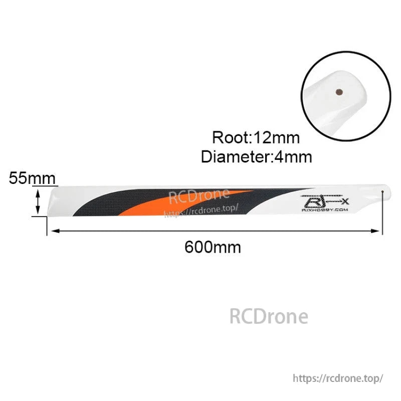 RJX 600mm RC helicopter main rotor blade in orange/white carbon fiber, 55mm wide, 12mm root with 4mm bolt hole