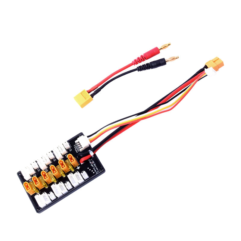 RJX parallel balance charger board with multiple JST-XH balance ports, XT60 lead, and banana plug adapter