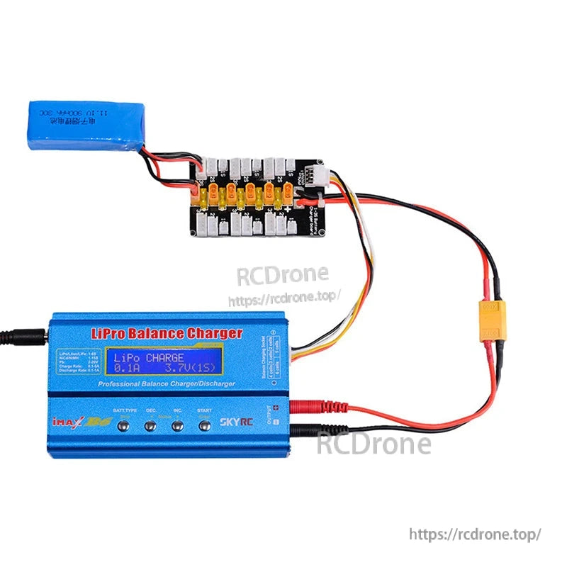 RJX Parallel Balance Charger, RJX parallel balance charging board with multiple LiPo balance ports, connected to a LiPro balance charger and battery