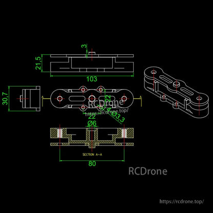 Technical dimension drawing of RJX propeller clip with 103 mm length, 80 mm span, and 6 mm center hole
