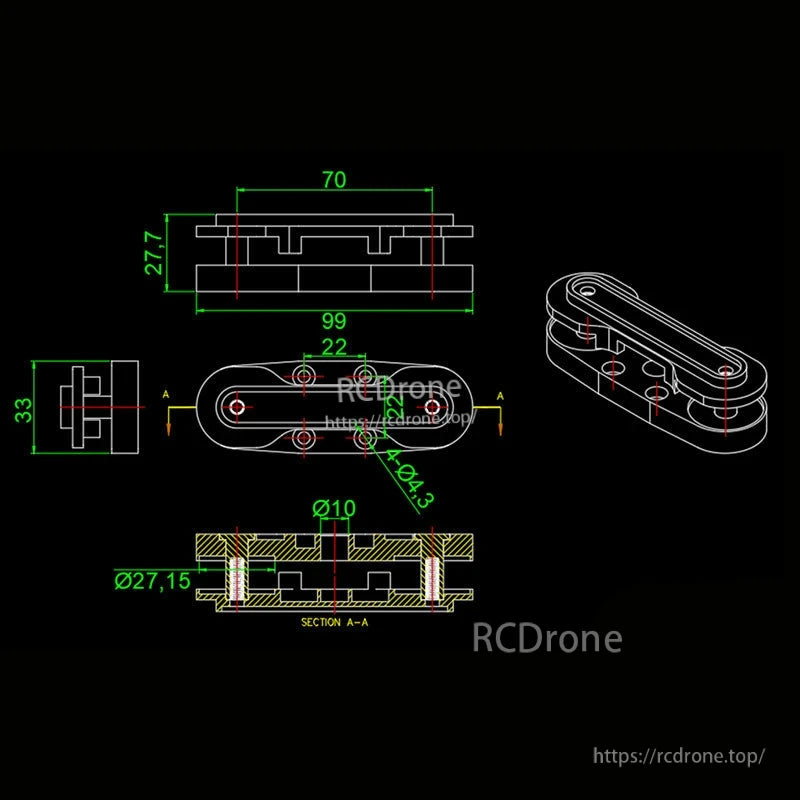RJX propeller clip technical drawing with 99 mm length, 70 mm width, and mounting hole dimensions