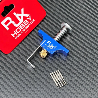 RJX Propeller Removal Tool, RJX Hobby propeller removal tool kit with blue puller body, spring-loaded screw, hex key, and metal pins