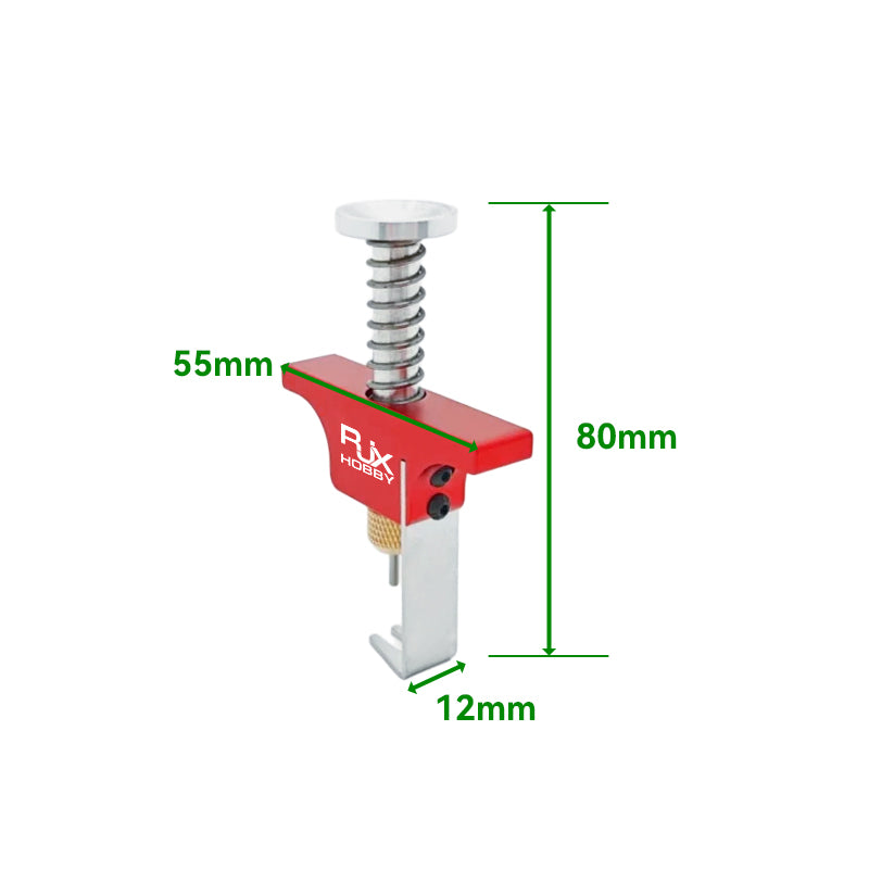 RJX propeller removal tool with red clamp body and screw press, labeled 80mm tall, 55mm wide, 12mm jaw