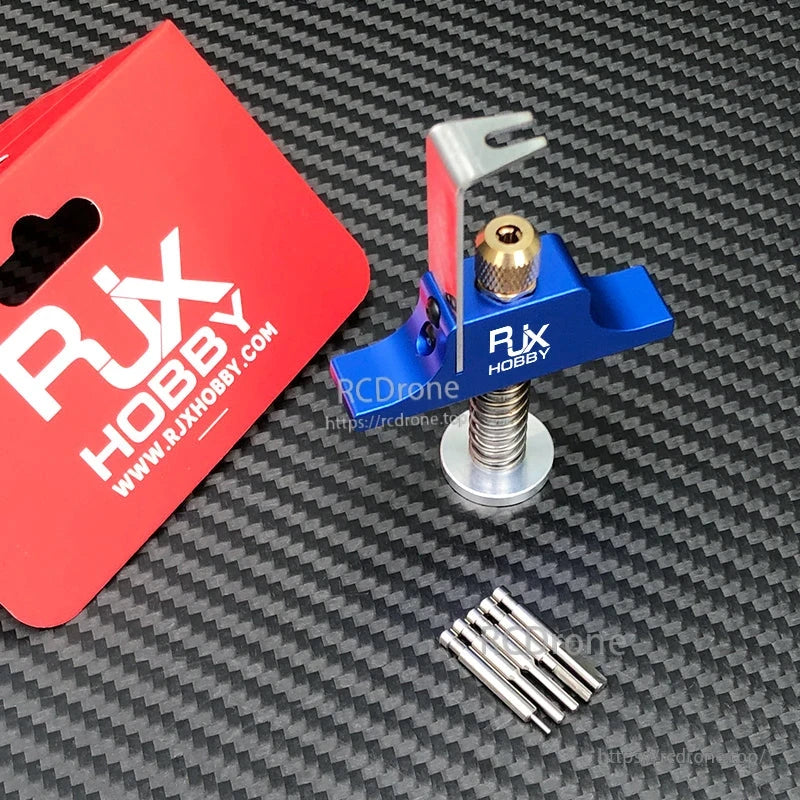 RJX Propeller Removal Tool, RJX Hobby blue aluminum propeller removal tool with screw press, hook arm, and five metal pins