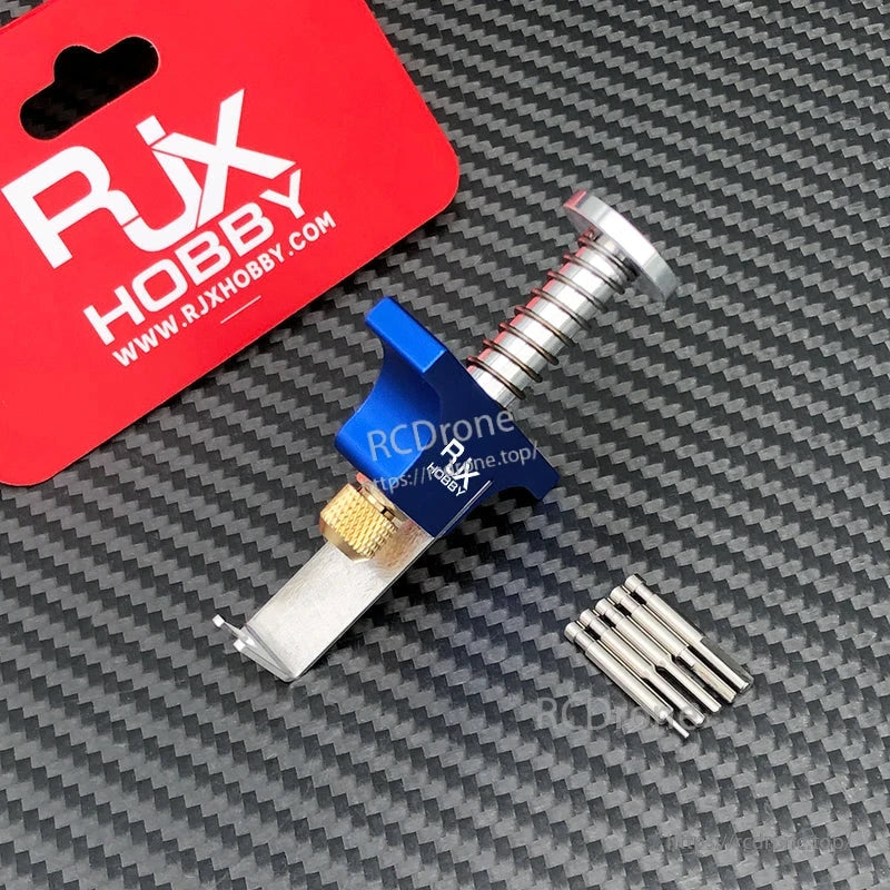 RJX Propeller Removal Tool, RJX Hobby propeller removal tool with spring-loaded plunger, blue handle, and spare metal pins