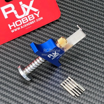 RJX Propeller Removal Tool, RJX Hobby spring-loaded propeller removal tool with blue handle, metal puller arm, and spare pins
