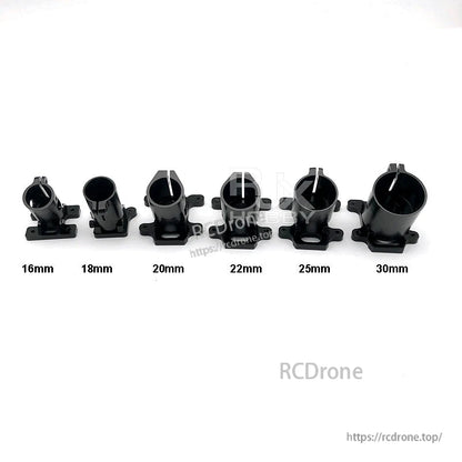 RJX Quick Release 15mm Single Rod Clamp, Black quick-release single rod clamp mounts in multiple sizes, labeled 16mm, 18mm, 20mm, 22mm, 25mm, and 30mm.