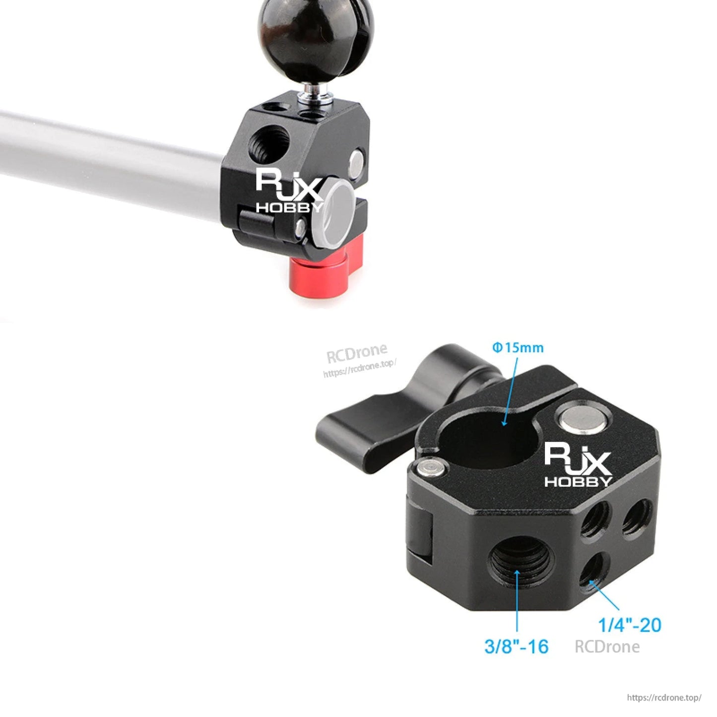 RJX quick release 15mm single rod clamp with lever and 1/4"-20 and 3/8"-16 threaded mounting holes