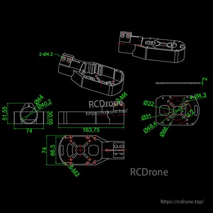RJX Quick Release 15mm Single Rod Clamp, Dimensioned technical drawing of an RJX quick-release single rod clamp, showing mounting hole layout and key measurements.
