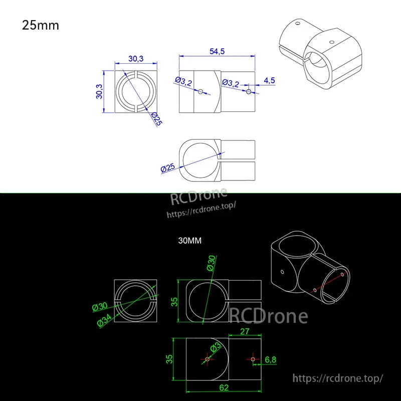 RJX Quick Release 15mm Single Rod Clamp, Technical dimension drawing of a single rod clamp with 25mm and 30mm sizes and mounting hole measurements
