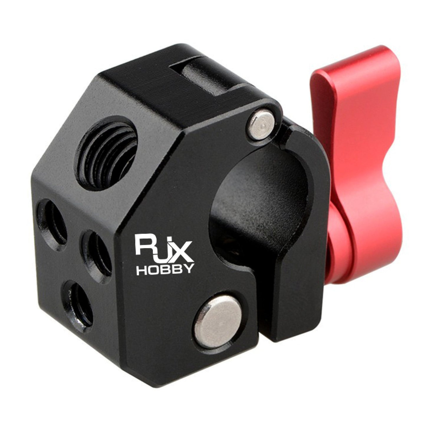 RJX quick release 15mm single rod clamp in black with red lever and multiple threaded mounting holes
