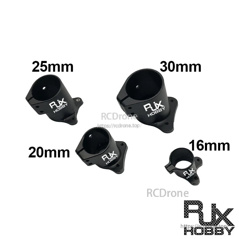 RJX Quick Release 15mm Single Rod Clamp, RJX Hobby quick-release single rod clamps with mounting base, shown in 16mm, 20mm, 25mm, and 30mm sizes