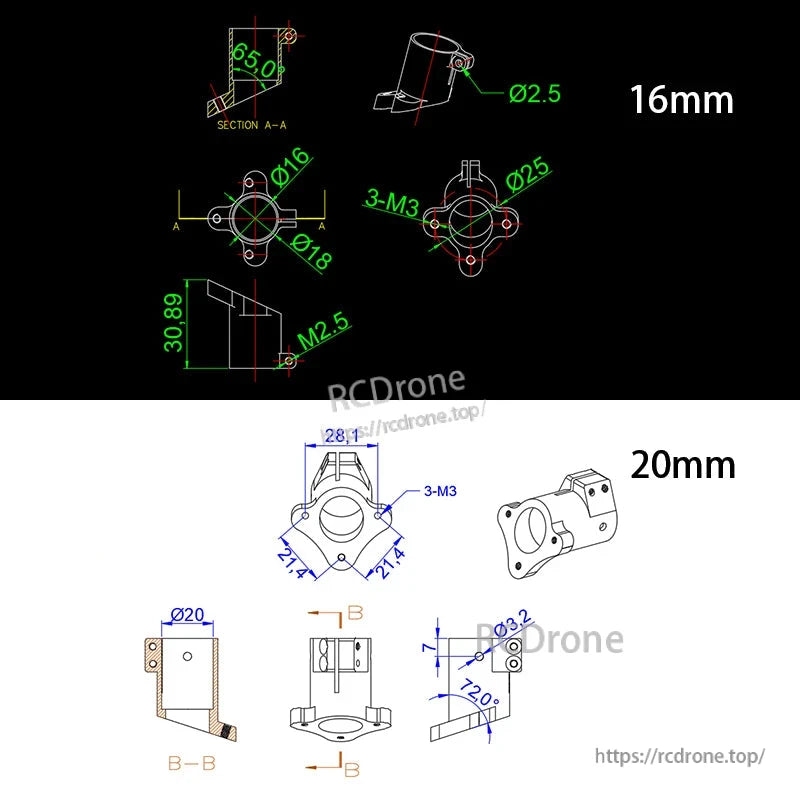 RJX Quick Release 15mm Single Rod Clamp, Technical dimension drawings of a quick release single rod clamp with 16mm and 20mm mount sizes and M3 holes.