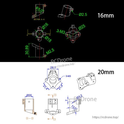 RJX Quick Release 15mm Single Rod Clamp, Technical dimension drawings of a quick release single rod clamp with 16mm and 20mm mount sizes and M3 holes.