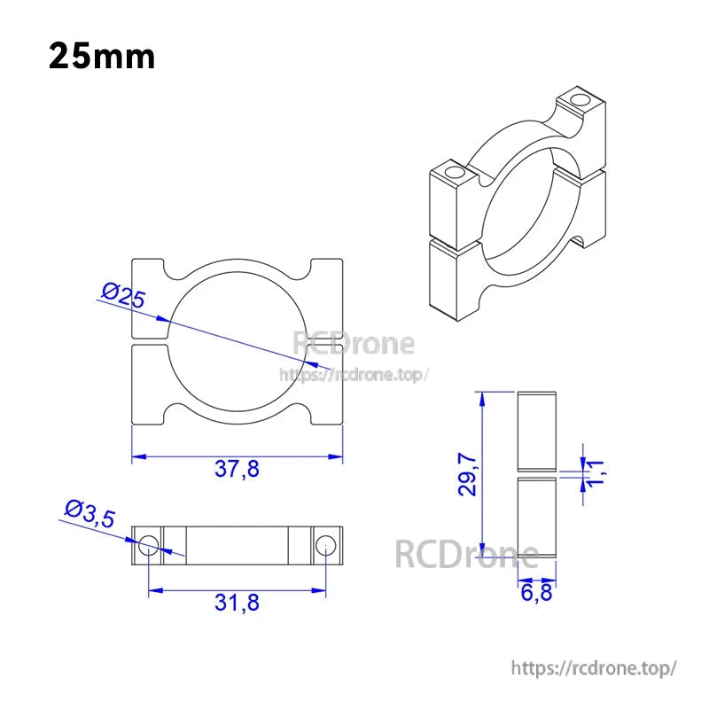 RJX Quick Release 15mm Single Rod Clamp, Technical drawing of a quick release single rod clamp with 25mm bore and 37.8mm overall width