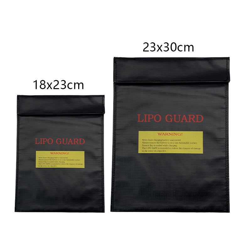 RJX RC LiPo battery safety bag in two sizes (18x23cm and 23x30cm) with flap closure and warning label