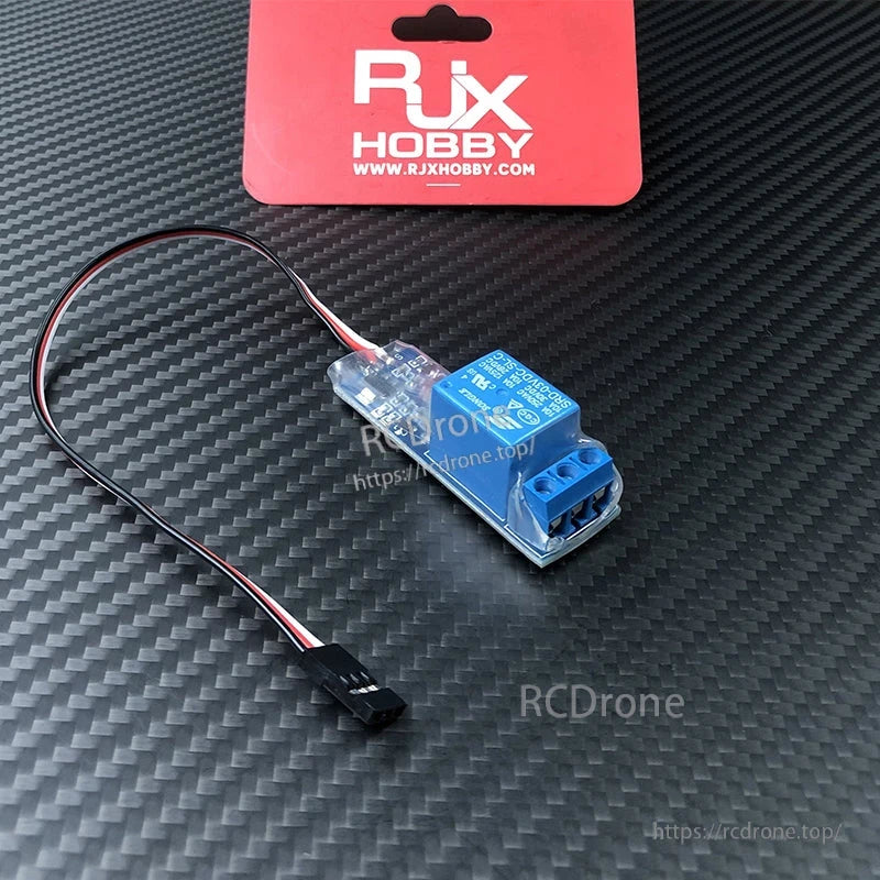 RJX RC PWM electronic relay switch module with servo-style lead and blue screw terminal output