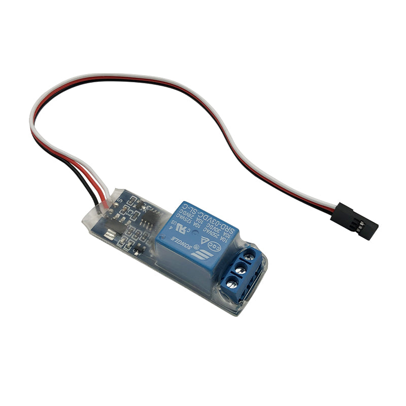 RJX RC PWM electronic relay switch module with blue relay, 3-wire servo plug lead, and screw terminal output