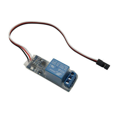RJX RC PWM electronic relay switch module with blue relay, 3-wire servo plug lead, and screw terminal output