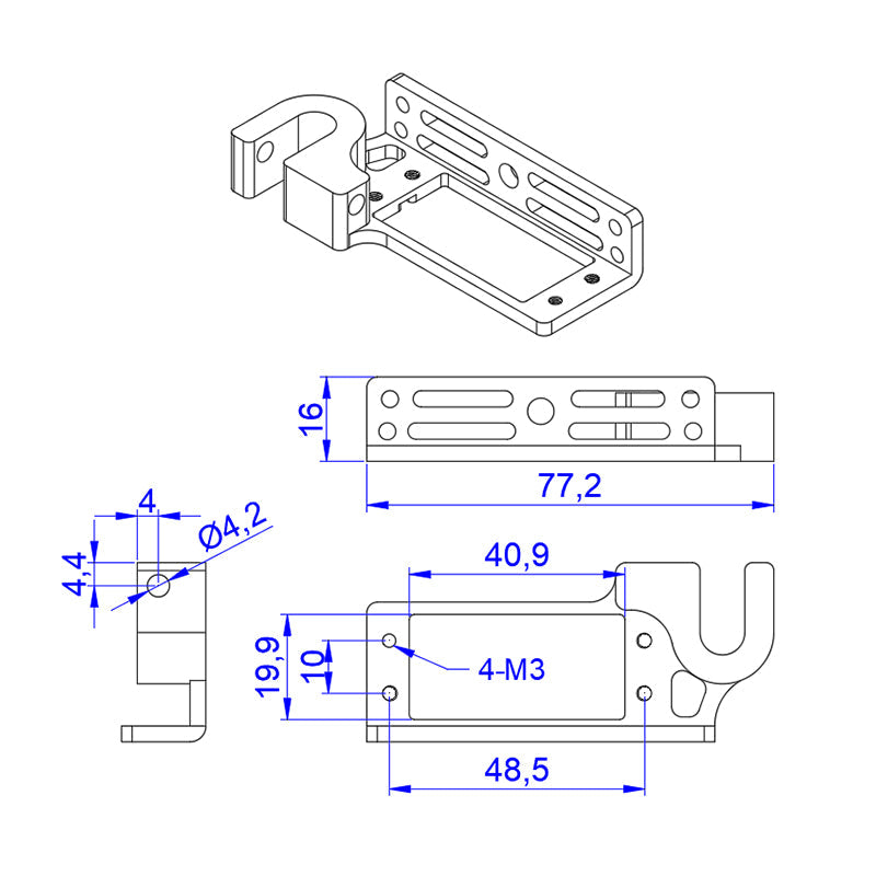 Dimensioned drawing of RJX servo dispenser parabolic switch bracket with U-shaped clamp and 4-M3 mounts