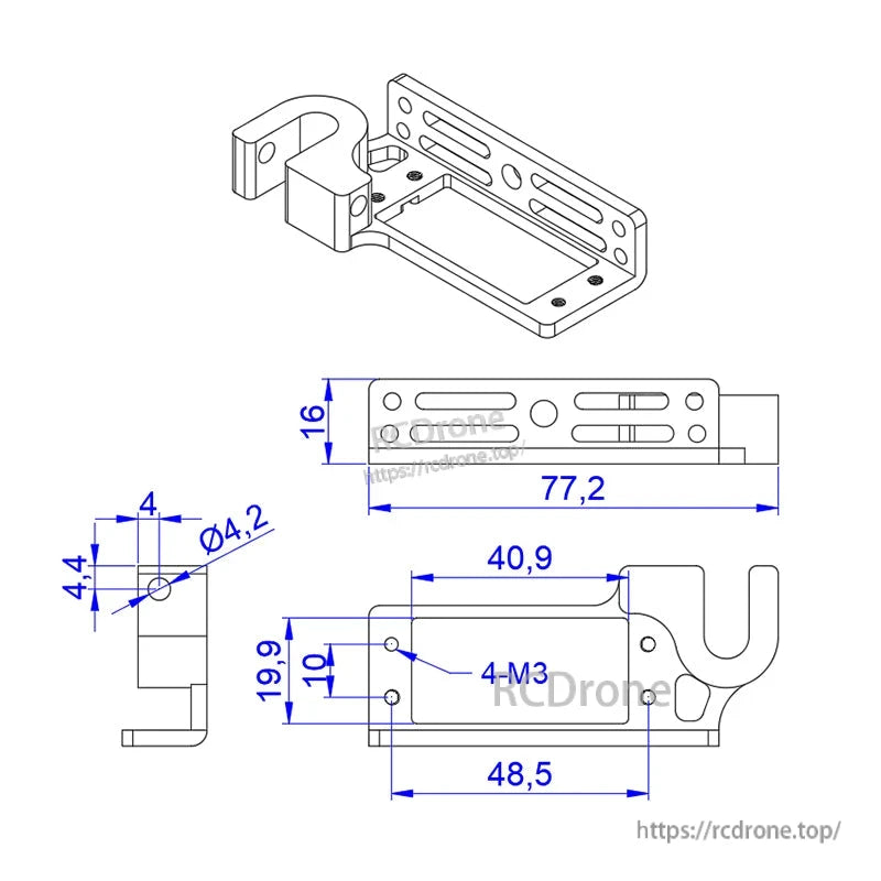 Dimensioned drawing of RJX servo dispenser parabolic switch bracket with U-shaped hook and M3 mounting holes