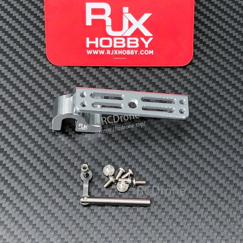 RJX Servo Dispenser Parabolic Switch, RJX Hobby aluminum servo dispenser switch bracket with slotted mount plate, linkage arm, rod, and screws