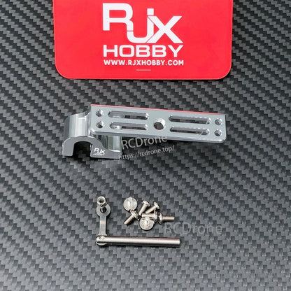 RJX Servo Dispenser Parabolic Switch, RJX Hobby aluminum servo dispenser switch bracket with slotted mount plate, linkage arm, rod, and screws