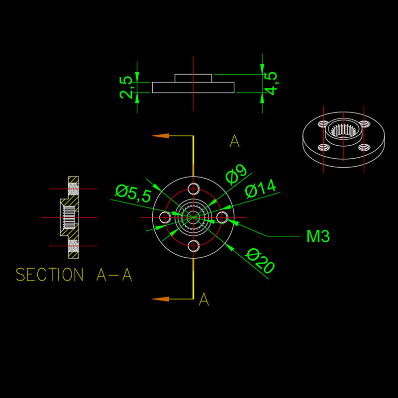 Technical drawing of a round metal servo horn rudder disk with M3 holes and 20 mm outer diameter