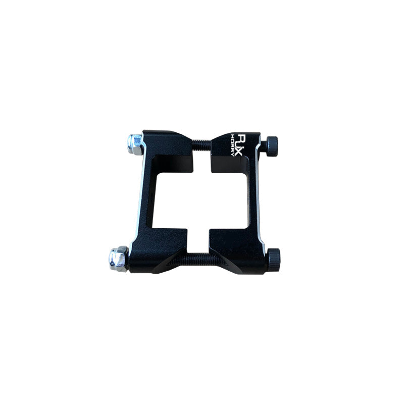 RJX aluminum square tube clamp with cross-shaped opening and four bolts for 20mm carbon fiber tubes