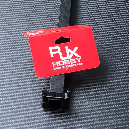 RJX black aluminum square tube clamp mounted on a 20mm square carbon fiber tube with two screw fasteners