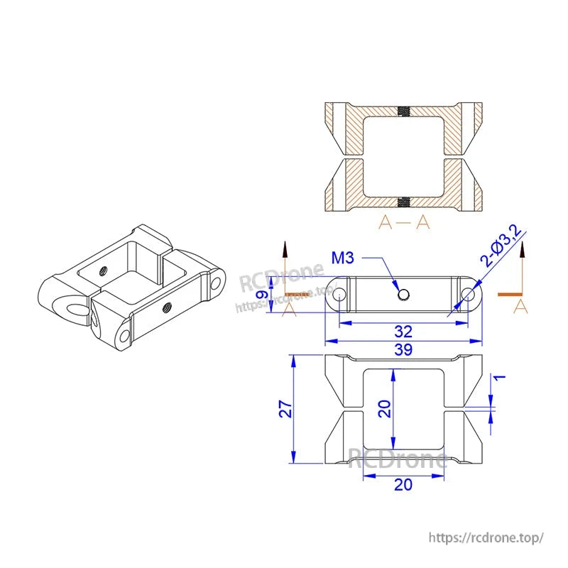 Technical drawing of RJX aluminum clamp for 20mm square tube, with M3 center hole and 3.2mm mounting holes