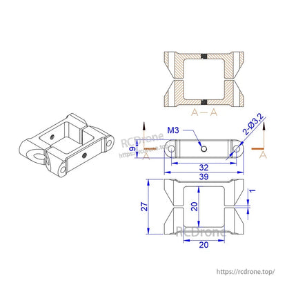Technical drawing of RJX aluminum clamp for 20mm square tube, with M3 center hole and 3.2mm mounting holes