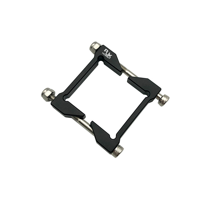 Black RJX square aluminum tube clamp with four corner bolts and threaded rods for securing a square frame