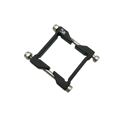Black RJX square aluminum tube clamp with four corner bolts and threaded rods for securing a square frame