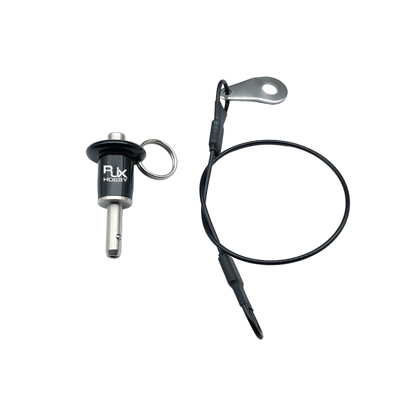 RJX stainless steel ball lock pin with ring pull handle, black RJX knob, and lanyard cable clip