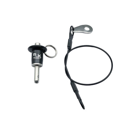 RJX stainless steel ball lock pin with ring pull handle, black RJX knob, and lanyard cable clip